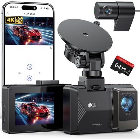 4K Dash Cam Front Rear, Dual Dash Cams with 64GB Card 4K+1080P, Dash Camera for with 5G WiFi, APP Control,2.0" IPS Screen,Night Vision,G-Sensor,170?Wide Angle,Parking Mode,Loop Recording