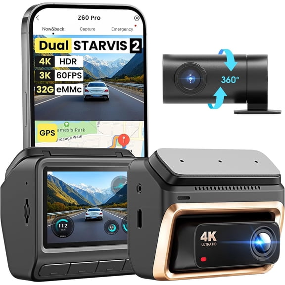 4K Dash Cam Front and Rear, Dual STARVIS 2 IMX678 IMX662 Dashcam,4K+1080P HDR Camera With Bulit-in 32G eMMC, 3K/60FPS,4G LTE Support,5G WiFi GPS, 3" IPS,Night Vision,24H Parking Mode,Z60