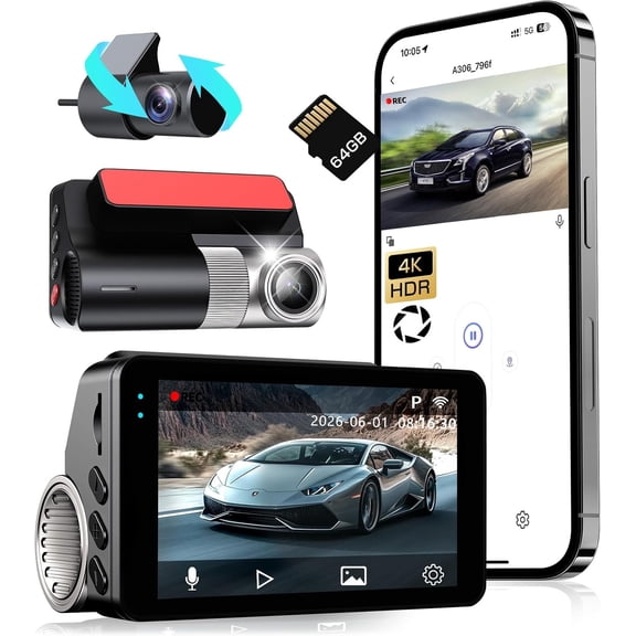 4K Dash Cam Front and Rear, G-Sensor, Free 64GB Card Included, 5.8GHz WiFi with Dash Camera for , Time-Lapse Recording, 3" IPS, 24H Parking Mode,Night Vision