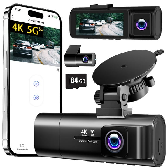 4K Dash Cam Front and Rear Inside,3.16" IPS,3 Channel Dash Cam for Car with 5G WiFi,Free 64GB Card,170 Wide Angle,Loop Recording,G-Sensor,WDR,Night Vision,Time-Lapse,24H Parking Monitor