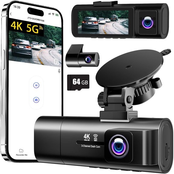 4K Dash Cam Front and Rear Inside,3.16" IPS,3 Dash Cam for with 5G WiFi,Free 64GB Card,170? Wide Angle,Loop Recording,G-Sensor,WDR,Night Vision,Time-Lapse,24H Parking