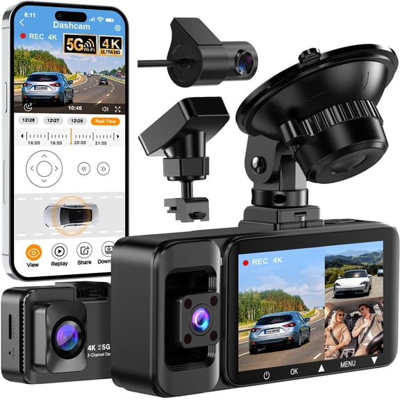4K Dash Cam Front and Rear Inside, 3 Channel Dash Camera for Cars with 64GB Card, 5G WiFi, Infrared Night Vision, 24H Parking Mode, 360 Wide Angle Wireless Dashcam for Uber/Taxi