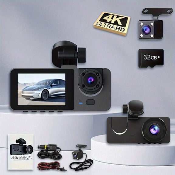 4K Dash Cam Front Rear and Inside, 3 Channel Dash Camera for Cars with Night Vision, 1080P WDR Vehicle Camera Recorder, G-Sensor, Motion Detection Safety System