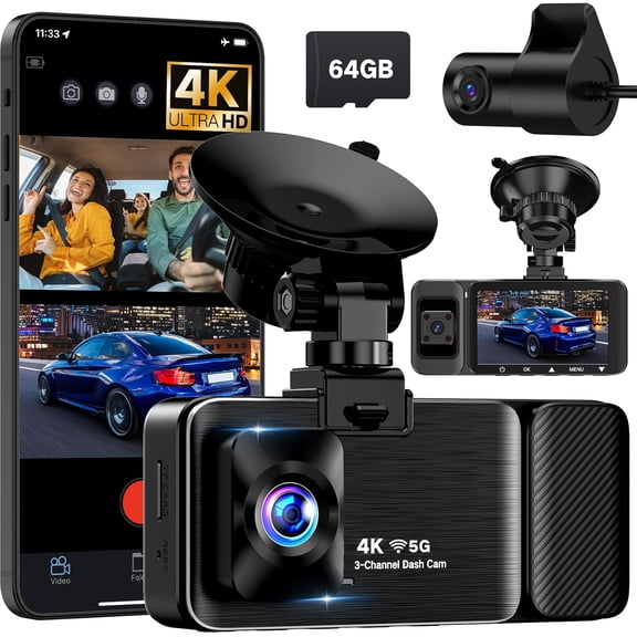 4K Dash Cam Front and Rear Inside, 3 Dash Camera for with 64GB SD Card, 5G WiFi Dash Cam, APP Control, Night Vision, 3" IPS Screen, G-Sensor, Loop Recording, K02