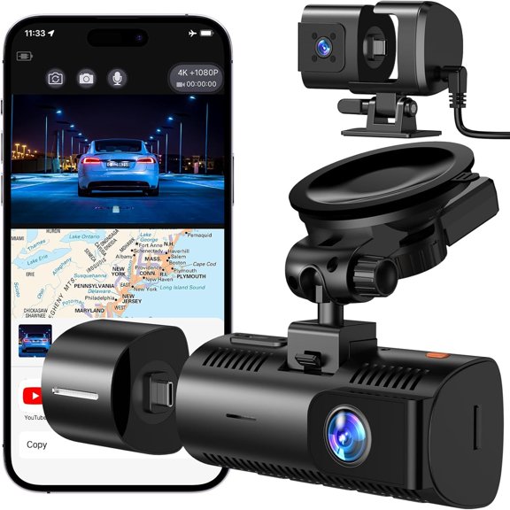 4K Dash Cam Front and Rear/Inside, Car Mount Dash Camera with 5G Wi-Fi, GPS, 3" IPS Screen, 64GB SD Card Included, Night Vision, G-Sensor, 24H Parking Mode, Loop Recording, APP Control, Black