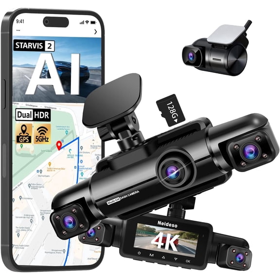 4K Dash Cam Front and Rear, STARVIS 2 Sensor Dash Camera for Cars | Free 128GB Card, 4 Channel 360 Dashcam, 5GHz WiFi, GPS, AI Fatigue Driving Monitor, WDR Night Vision, 24H Parking Mode