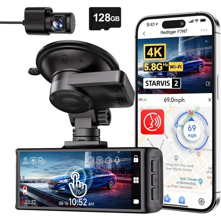 4K Dash Cam Front and Rear, STARVIS 2 Sensor, Touch Screen 3.18", 128GB Card Included, Voice Control, 5.8GHz WiFi Car Dash Camera, GPS, Night Vision, Emergency Lock, Parking Mode (F7N Touch)