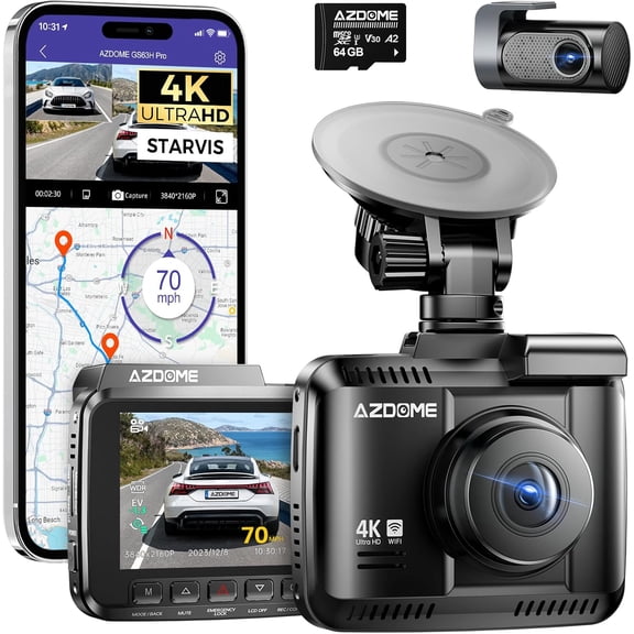 4K Dash Cam Front and Rear, STARVIS Night Vision, UHD 2160P WiFi Dash Camera for Cars with GPS, Included 64GB Card, 2.4" IPS Screen Dashcam, 170Wide Angle, WDR, 24H Parking Mode (GS63H Pro)