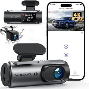 WOLFANG Car Dash Cam Front and Rear, 4K Front and 1080P Rear Camera, WiFi and App Control, Support 128GB microSD Card (Not Included), G-Sensor, 24H Parking Monitor, Super Night Vision, Loop Recording