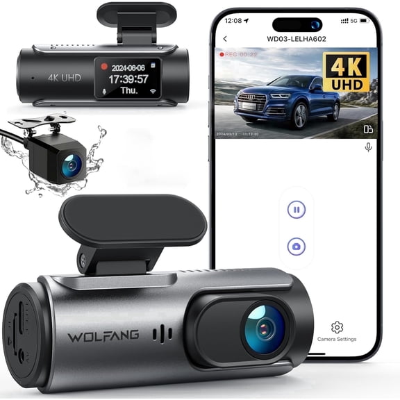 CocoBear 4K Dash Cam Front and Rear WiFi, Dual Car Camera 2160P+1080P, 170 Wide Angle, Night Vision, Loop Recording, G-Sensor, Parking Monitor, App Control, Supports 128GB microSD