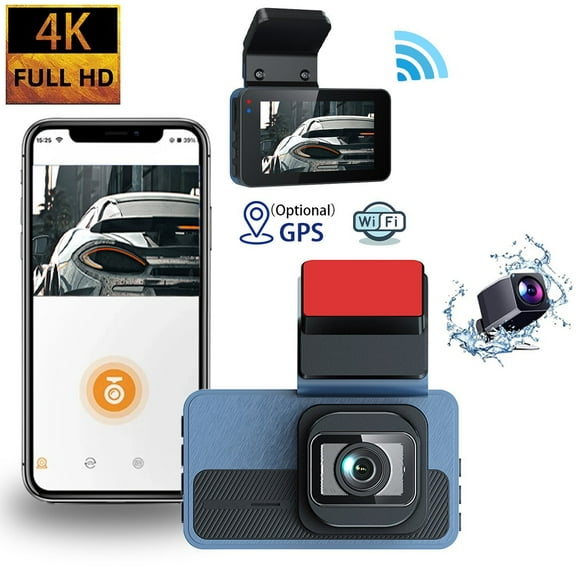 4K Dash Cam Front and Rear with WiFi and Optional GPS, 2 Channel Car Camera with 128GB Card, Night Vision, Waterproof Rear Lens, Dashcam for Car SUV Truck Uber