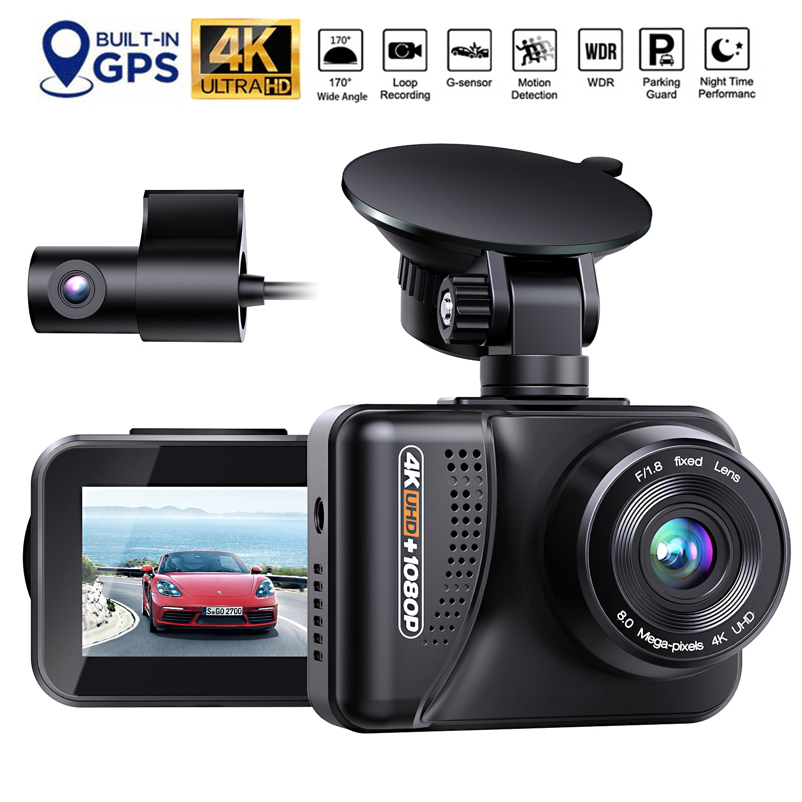 4K Dash Cam GPS CAMPARK 2160P+1080P Dash Cam Front and Rear 2" LCD Screen,170° Wide Angle Car