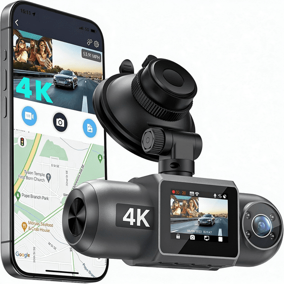 4K Dash Cam with GPS Wi-Fi, Front and Inside Dual 2.5K 1080P, Uber Car Camera with Infrared Night Vision, Supercapacitor, 4 IR LEDs, G-Sensor, Parking Mode, Loop Recording