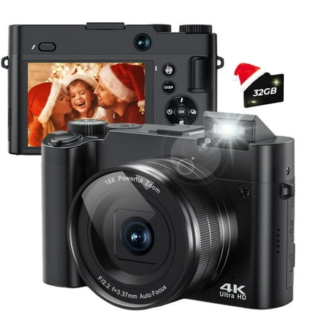 4K Digital Camera,16X Digital Zoom,64MP Front and Rear Camera for Photography and Video Autofocus Anti-Shake,Vlogging Camera with Ultra Bright Flash-Black