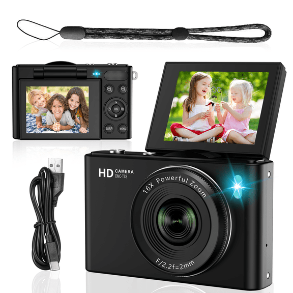 4K 64MP Shoot Digital Camera for Kids, Teens, Beginners, Autofocus Point-and-Shoot Camera with 2.4" 180° Flip Screen, 16X Digital Zoom, Anti-Shake, USB-C, Selfie Vlogging Camera for Travel, Gifts