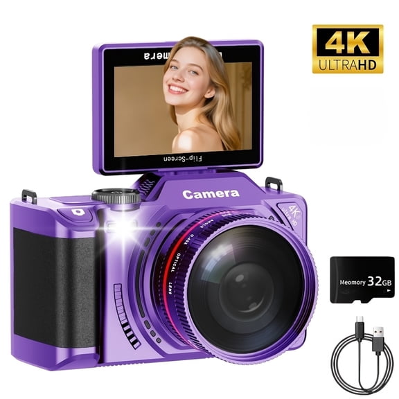 4K Digital Camera/2025 Latest Autofocus 64MP Vlogging Camera/32G Card, 3" 180°Flip Screen Compact Travel Camera/16X Zoom, for Photography, YouTube, Teens