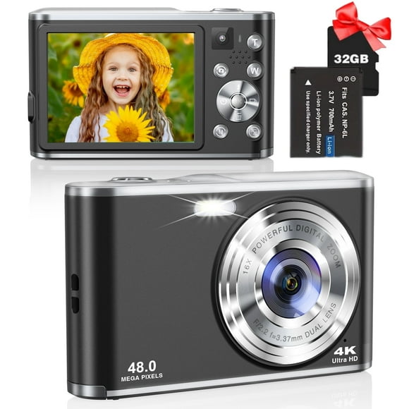 4K Digital Camera,48 MP Auto Focus Camera Selfie with Front and Rear Dual Lens with 32GB Card,1 Batteries,16x Digital Zoom,Compact Travel Blog Camera Perfect Gift for Teenagers Beginners