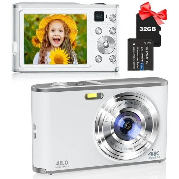 4K 48MP Digital Camera with Autofocus - Dual Front/Rear Lens, 16X Zoom, Compact for Travel, Includes 32GB SD Card & Battery (White)