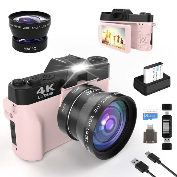 4K 48MP Vlogging Camera 3.0" 180° Flip Screen 16X Zoom WiFi Autofocus Anti-Shake 32GB Card Wide-Angle Lens Card Reader Webcam Travel Gift for Teens