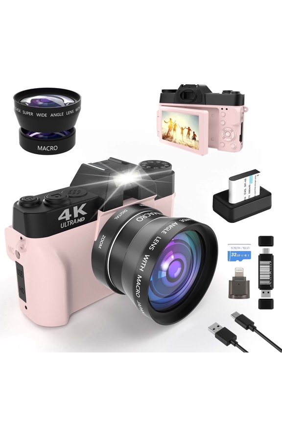 4K 48MP Vlogging Camera 3.0" 180° Flip Screen 16X Zoom WiFi Autofocus Anti-Shake 32GB Card Wide-Angle Lens Card Reader Webcam Travel Gift for Teens