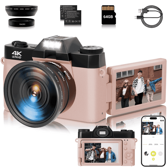 KEEPBERRY 4K 56MP WiFi Photography & Vlogging Camera with Flip Screen, 64GB Card & Anti-Shake