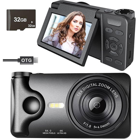 4K Digital Camera 64MP Autofocus 3.0'' 180? Flip Screen Portable for Photo & Vlog Featuring Time Lapse & Slow Motion&20 Filters 32GB 2000mAh for Social Media CreatorBeginner&Childen (Black, Camera)