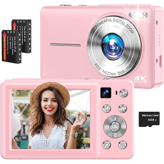4K Digital Camera, 64MP Autofocus Vlogging Camera with Dual Lens, 16X Digital Zoom YouTube Compact Travel Point Shoot Camera for Teens Beginner, Anti-Shake,2 Batteries, 32GB Card (Pink)