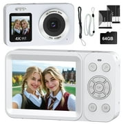 4K Digital Camera 64MP,Froura Dual-Screen Vlogging Camera,18X Zoom,64GB Card,2 Batteries,Point and Shoot Camera for Kids,Teens ,Beginners,Boys ,Girls,Compact Travel Camera,Birthday Gifts,White