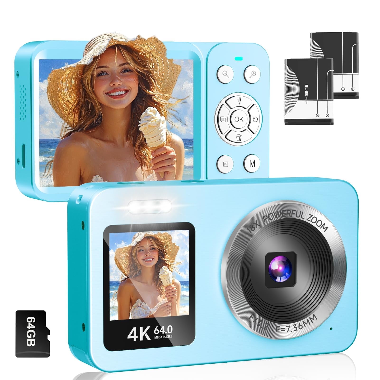4K Digital Camera 64MP,Froura Dual-Screen Vlogging Camera,18X Zoom,64GB Card,2 Batteries,Point and Shoot Camera for Kids,Teens ,Beginners,Boys ,Girls,Compact Travel Camera,Birthday Gifts,Random Color