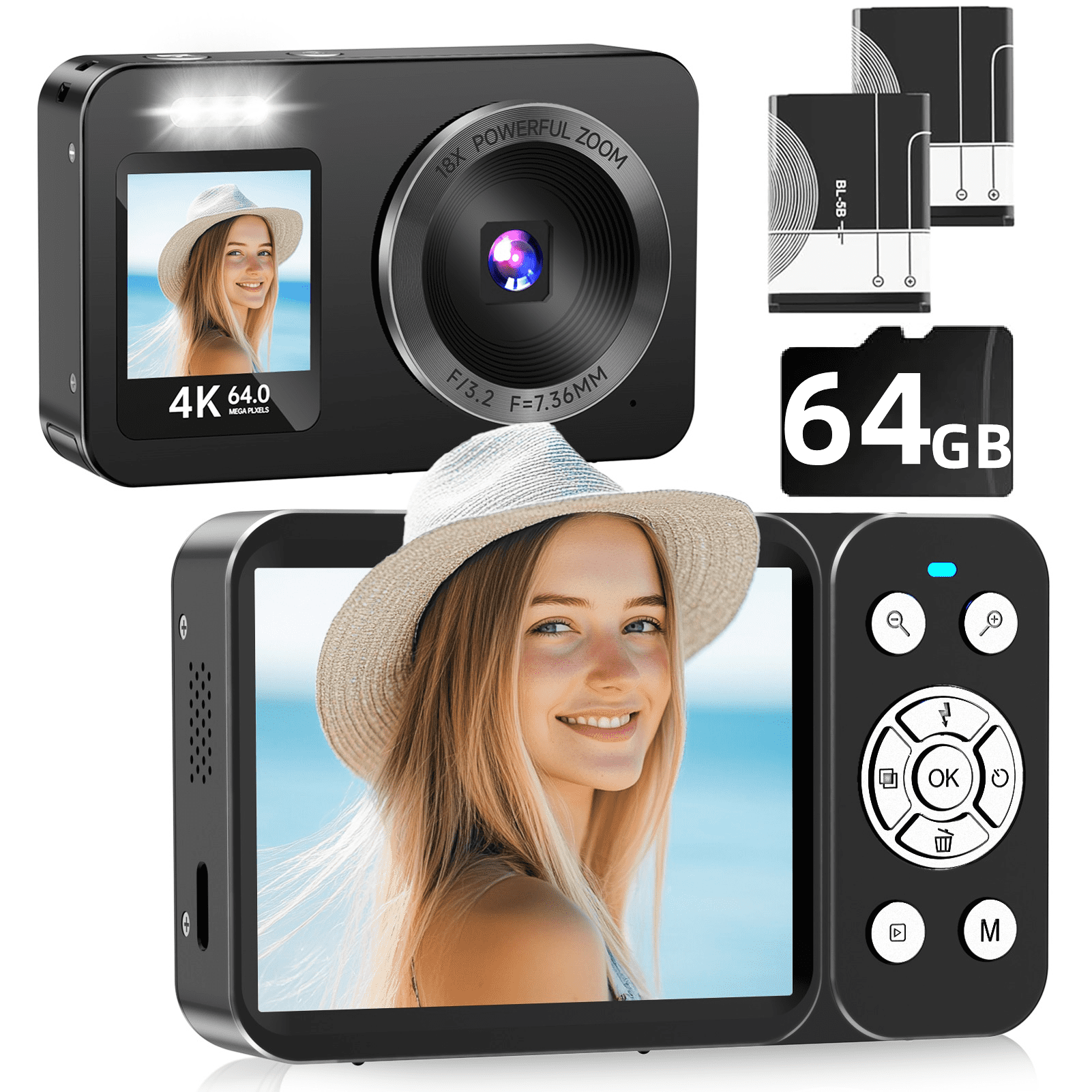 4K Digital Camera 64MP,Froura Dual-Screen Vlogging Camera,18X Zoom,64GB Card,2 Batteries,Point and Shoot Camera for Kids,Teens ,Beginners,Boys ,Girls,Compact Travel Camera,Birthday Gifts,Black