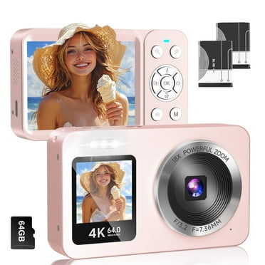 4K Digital Camera 64MP,Froura Dual-Screen Vlogging Camera,18X Zoom,64GB Card,2 Batteries,Point and Shoot Camera for Kids,Teens ,Beginners,Boys ,Girls,Compact Travel Camera,Birthday Gifts,Pink