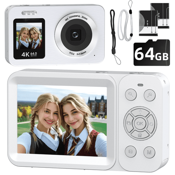 4K Digital Camera 64MP,Froura Dual-Screen Vlogging Camera,18X Zoom,64GB Card,2 Batteries,Point and Shoot Camera for Kids,Teens ,Beginners,Boys ,Girls,Compact Travel Camera,Birthday Gifts,White