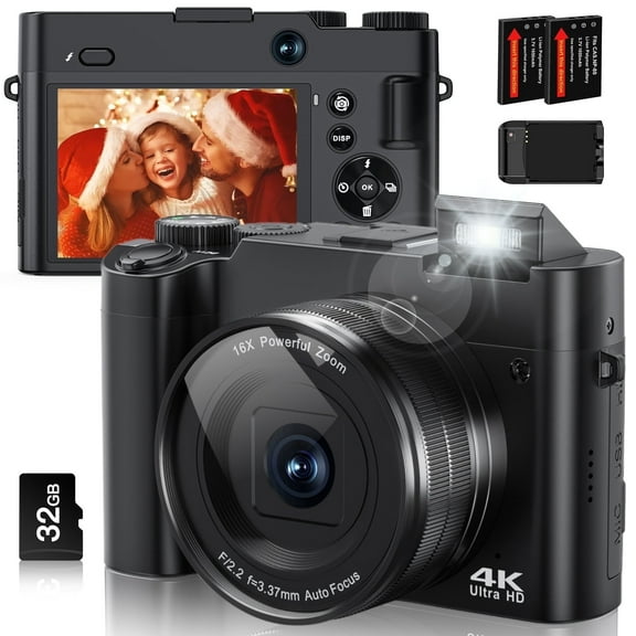 4K 64MP Digital Camera with 3" Flip Screen, Autofocus, Anti-Shake - Dual Lens Vlogging with Flash & 32GB SD Card (Black)