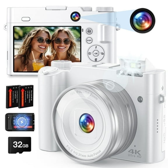 4K Digital Camera, 64MP Rear and Front Camera for Photography and Video 3" Selfie Flip Autofocus Anti-Shake Vlogging Camera with Ultra Bright Flash,32GB SD Card-White