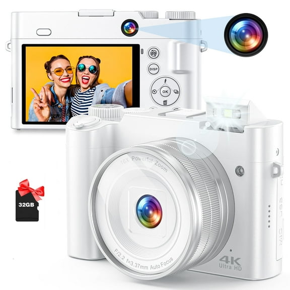 4K Digital Camera, 64MP Rear and Front Camera for Photography and Video 3" Selfie Flip Autofocus Anti-Shake Vlogging Camera with Ultra Bright Flash,32GB SD Card-White
