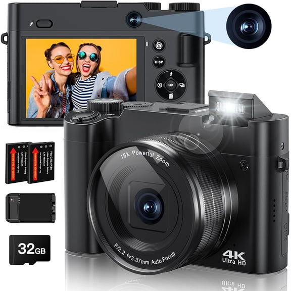 4K Digital Camera, 64MP Rear and Front Camera for Photography and Video Autofocus Anti-Shake, 3'' Selfie Flip Vlogging Camera with Ultra Bright Flash, Camera with Dial 16X Zoom (2 Batteries+Charger)