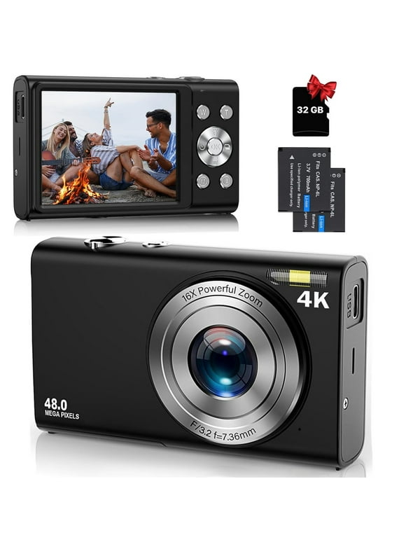 4K Digital Camera Autofocus 48MP Vlogging Camera 16X Digital Zoom Portable Digital Camera for Kids Teens Beginner with 32GB Card and 2 Batteries (Black)