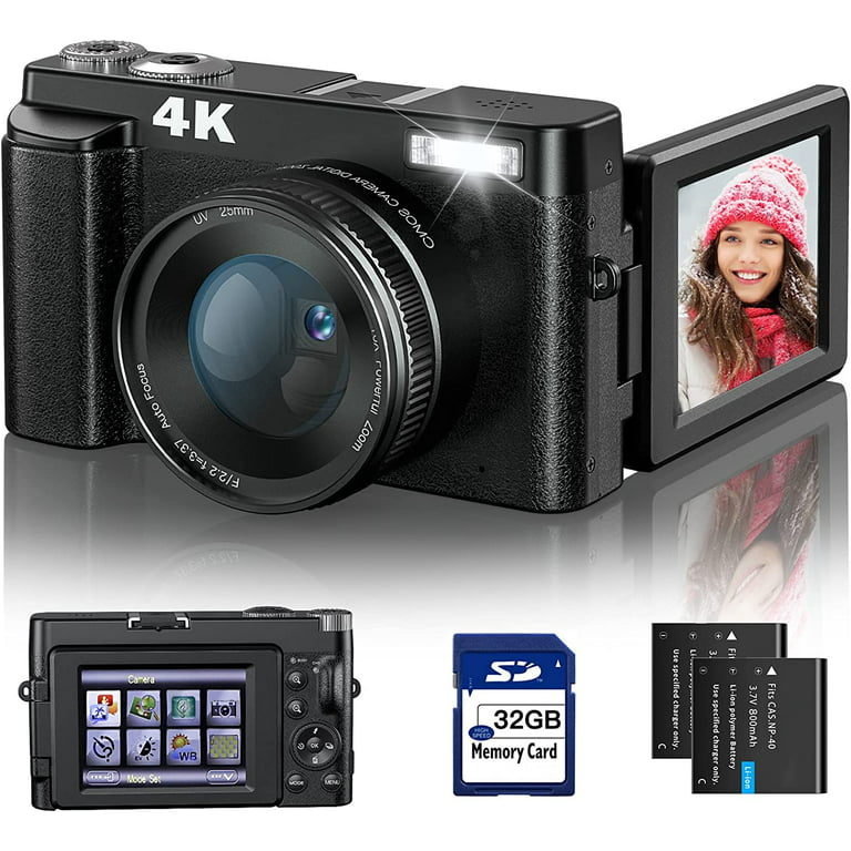 Digital Camera, Auto Focus FHD 4K Vlogging Camera with Dual Camera 48MP 16X  Digital Zoom Kids Compact Camera with 32GB Memory Card Portable Point and