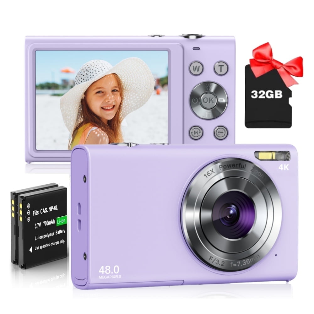 4K Digital Camera,Autofocus Vlogging Camera 48MP 16X Digital Zoom Digital Camera With 32GB Memory Card 2 batteries,Portable Compact Small Camera For Adults Beginners (Purple)