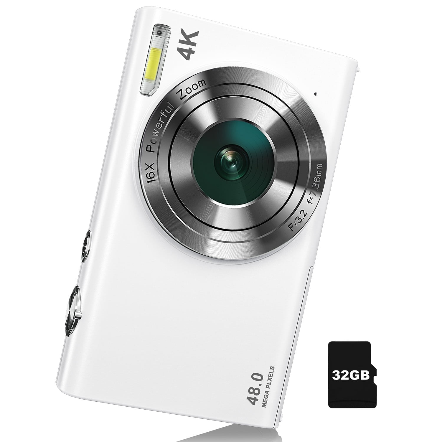 4K Digital Camera,Autofocus Vlogging Camera 48MP 16X Digital Zoom Digital Camera With 32GB Memory Card 2 batteries,Portable Compact Small Camera For Adults Beginners (White)