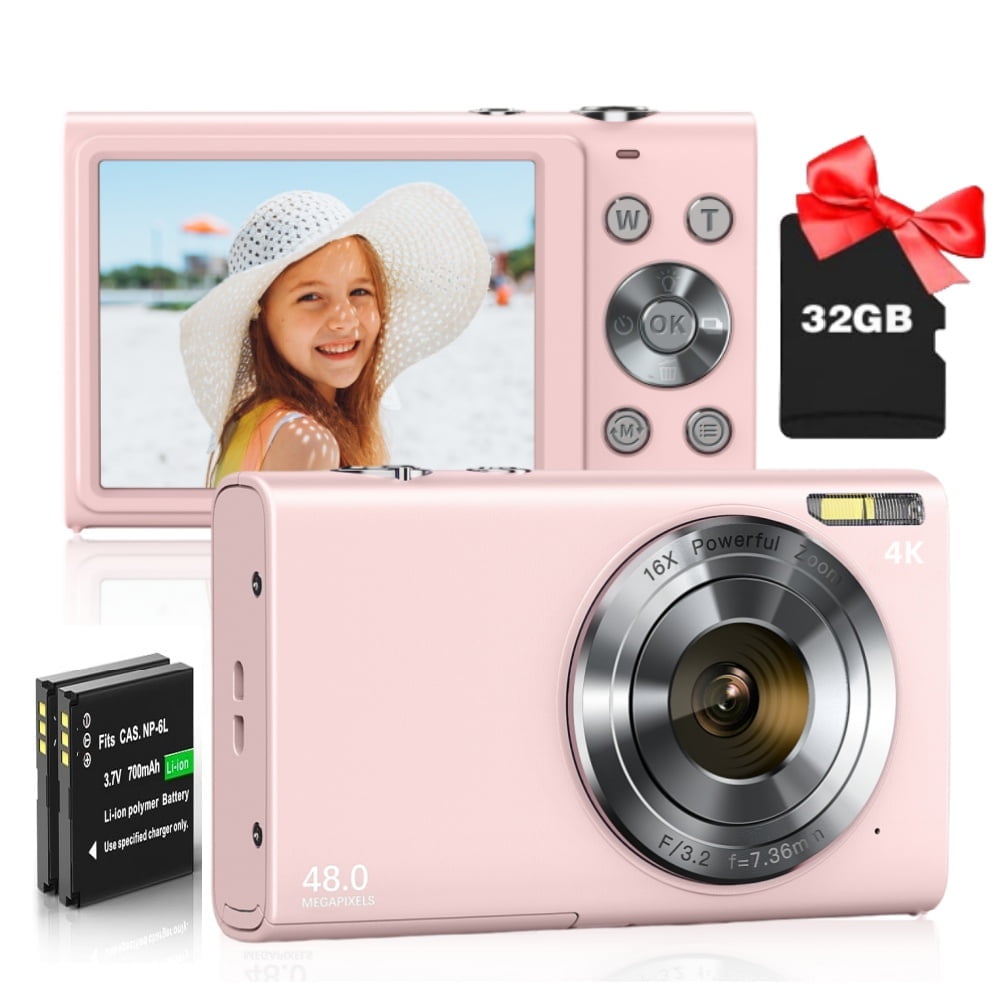 Digitale camera, 4K autofocus fotocamera HD 48MP met 2,8 groot scherm, 16x digitale zoom, compacte camera voor fotografie, fotoapparaat voor tieners, volwassenen, beginners (roze