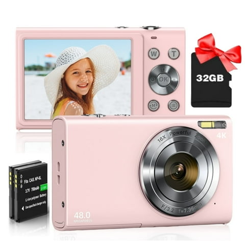 48MP 4K Digital Camera with Autofocus & 16X Zoom - Includes 32GB Card & 2 Batteries, Compact for Beginners (Pink)