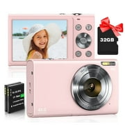 48MP 4K Digital Camera with Autofocus & 16X Zoom - Includes 32GB Card & 2 Batteries, Compact for Beginners Pink