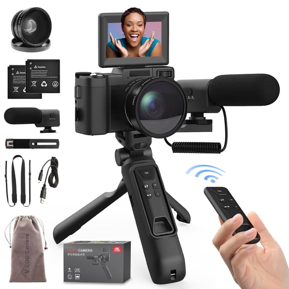 4K Digital Camera with Creator Accessory Kit 48MP Remote Control Vlogging for Vloggers Autofocus Flip Screen Photography Cameras with Tripod Grip, Wide-angle & Macro Lens, Mic