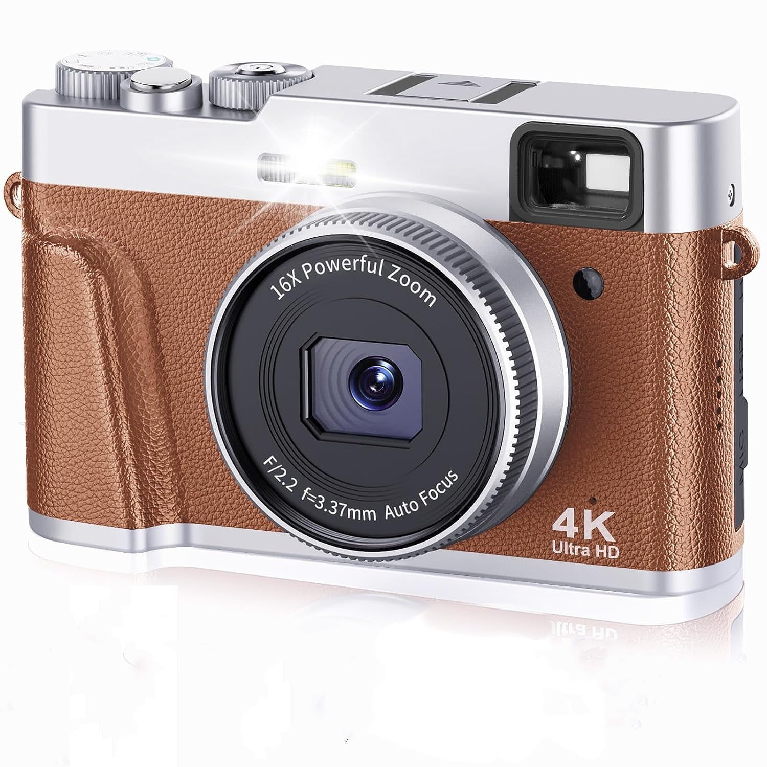 4K Digital Camera with Flash Viewfinder & Dial, 48MP Digital Camera with 32GB SD Card Autofocus Vlogging Camera for Photography and Video Anti-Shake, Compact Travel Camera 16X Zoom