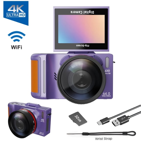 4K Digital Camera with Flip Screen | Auto Focus, Close-up Photography, Rechargeable Battery, Wi-Fi Capability, 32GB Memory Card Included, Ideal for Students and Photography Beginners