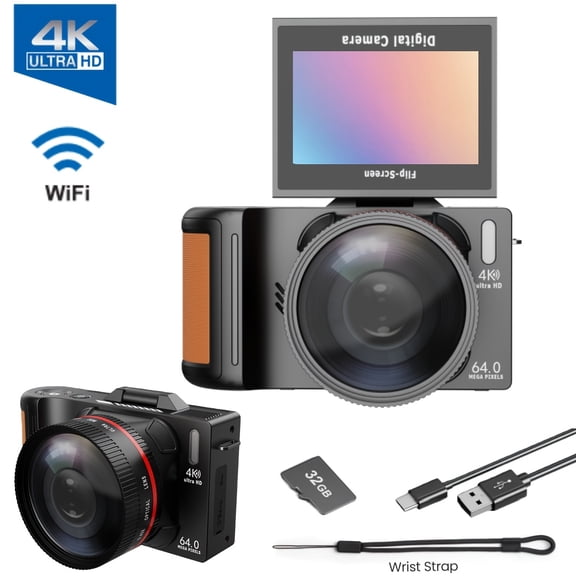 4K Digital Camera with Flip Screen | Auto Focus, Close-up Photography, Rechargeable Battery, Wi-Fi Capability, 32GB Memory Card Included, Ideal for Students and Photography Beginners