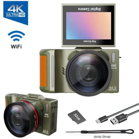 4K Digital Camera with Flip Screen | Auto Focus, Close-up Photography, Rechargeable Battery, Wi-Fi Capability, 32GB Memory Card Included, Ideal for Students and Photography Beginners