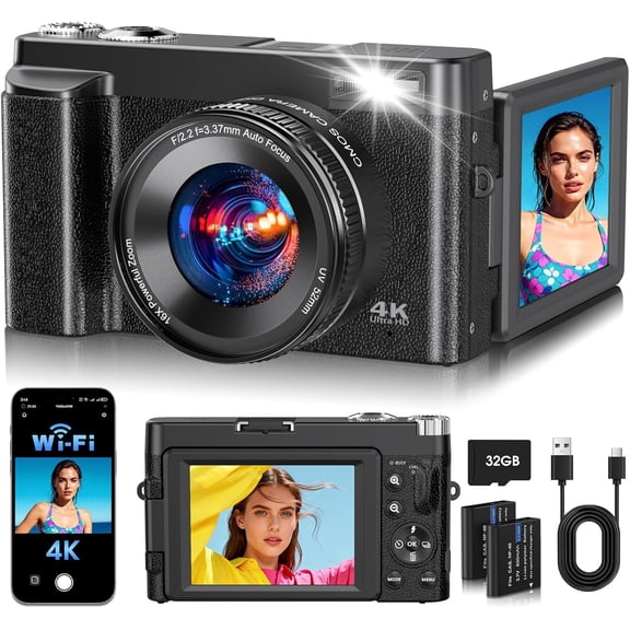 4K Digital Camera for Photography, 2026 WiFi 64MP Vlogging Camera for YouTube with 180? flip Screen, Autofocus Anti-Shake, 16X Zoom, Compact Travel Camera, 32GB Card, 2 , Black