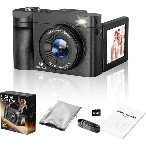 4K Digital Camera for Photography- 50MP Autofocus Vlogging Camera with 2.8" 180?Flip Screen, 18X Digital Zoom- Compact Point and Shoot Camera with 32GB TF for YouTube, Travel, Beginners, Black